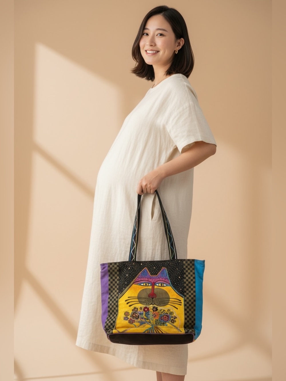 Laura Burch Sun & Beach Canvas Beach Cat Yellow Flowers Purse Bag TM